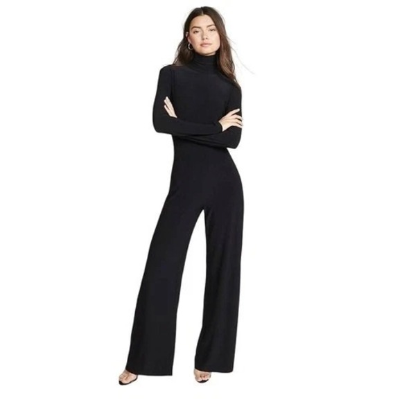 Norma Kamali Pants - Norma Kamali Long Sleeve Turtleneck Jumpsuit Black Jersey Wide Leg Sz M / 38